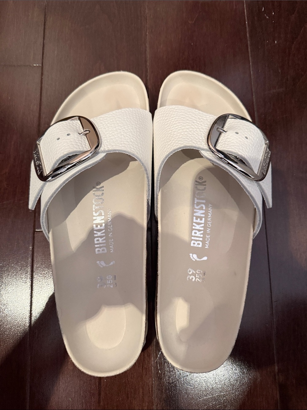 Birkenstock White Single Strap Buckle Slide Sandals